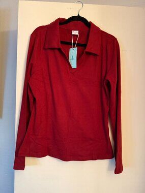 WIHOLL Women's Long Sleeve Polo Top V-Neck Blouse Red - Size XXL NWT